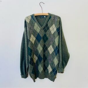 Blarney Woollen Mills Wool Sweater Green Argyle Lambswool Men’s XL Irish